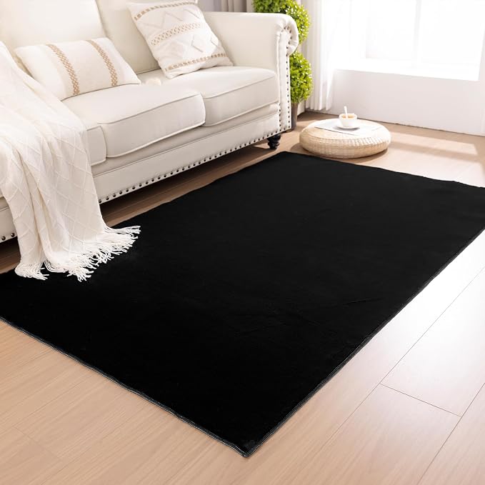 SHACOS Ultra Soft Faux Rabbit Fur Area Rug 4'x6', Non Slip Washable Padded Living Room Rugs, Fluffy Cozy Indoor Modern Carpet for Bedroom Dining Room Kids Room Dorm Home Decor, Black