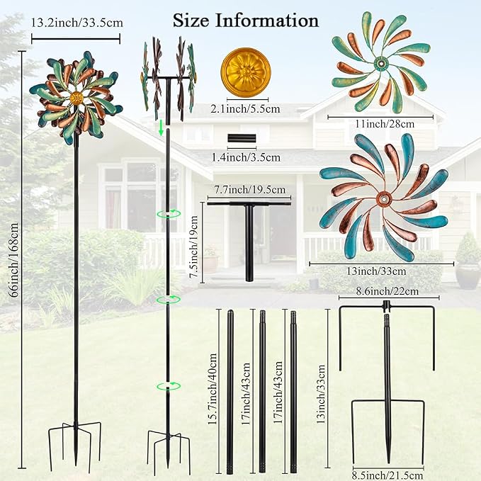 Stargarden Wind Spinners Outdoor, 13.2" Dia Metal Wind Spinner | Decorative Windmill with Stake for Yard Garden Lawn