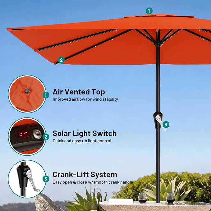 AreShark 8' X 10' Rectangular Patio Umbrella with Solar Lights, Lighted Solar Umbrella with Crank, Outdoor Table Umbrella for Garden, Deck, Backyard, Pool and Beach, Orange