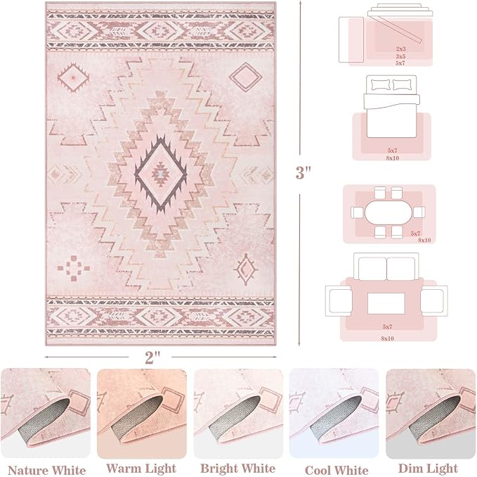 Yinhua Pink Rug 2x3 Non Slip, Western Washable Rug Low-Pile | Soft Moroccan Door Mat Indoor Entrance with Rubber Backing, Stain Resistant Aztec Small Rugs for Bathroom Kitchen Hallway