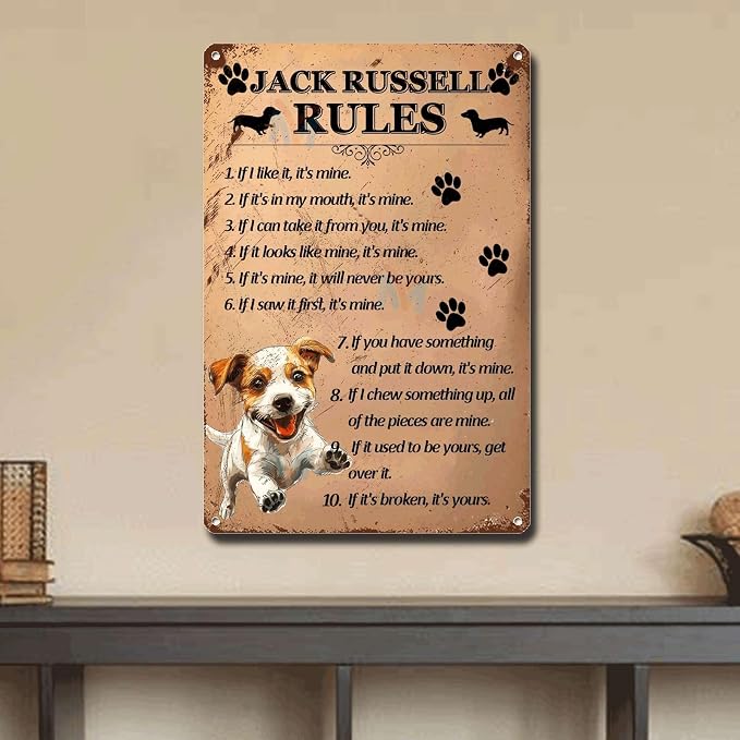 Metal Sign Tin Sign Vintage Wall Art Jack Russell Rules Tin Sign Paper for Home Decor 12×16 Inches