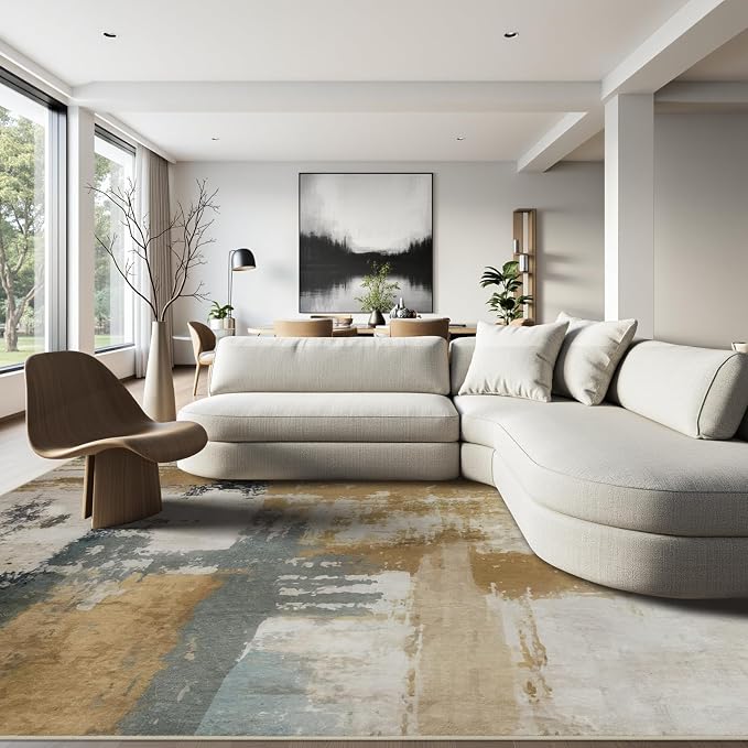 Joydeco 5x7 Area Rugs for Living Room, Non-Slip Modern Abstract Soft Washable Rug, Low Pile Carpet for Bedroom, Dining Room, Home Office, Pet & Child Friendly, White &Beige & Dark Gray