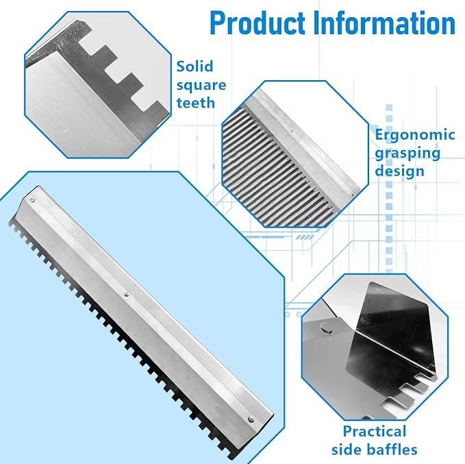2 Pack 24 Inch Large Tile Trowel, Tile Tools, 2/5" x 2/5" Square Notch Stainless Steel Masonry Trowel for Large Tiles Flooring & Tiling Masonry Hand Trowel