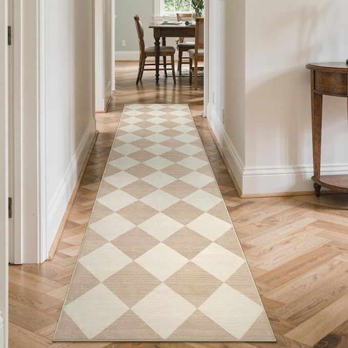 Beeiva Checkered Print Long Hallway Runner Rug Non Slip, Beige Ultra Thin 2.5x10 Washable Runner Rug, Moroccan Trellis Home Decor Faux Wool Neutral Carpet for Bathroom Kitchen Hallways, 10ft
