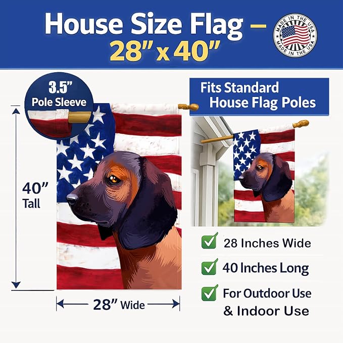 Caroline's Treasures CK6420CHF Bavarian Mountain Hound American Flag House Flag Large Porch Sleeve Pole Decorative Outside Yard Banner Artwork Wall Hanging, Polyester, House Size, Multicolor