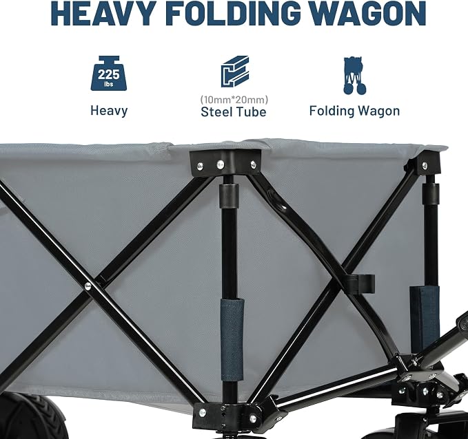 Timber Ridge Collapsible Wagon with Brakes Utility Folding Cart Heavy Duty All Terrain Wheels for Outdoor Shopping Camping Sports Garden with Side Bag and Cup Holders, Blue