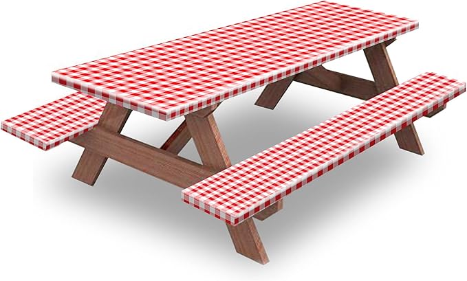 8ft Picnic Table and Bench Cover, Camping Essentials RV Gear, 96 in Waterproof Windproof Outdoor Elastic All Around Tablecloth, Fitted Rectangle Tables and Seats, Red-White Checkered