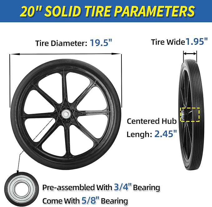 GICOOL 20" Flat Free Tire and Wheel, with 3/4" & 5/8" Bearing, 2.45" Centered Hub, Replacement Wheel For Rubbermaid Wheelbarrow, Garden Yard Cart, 2 Pcs