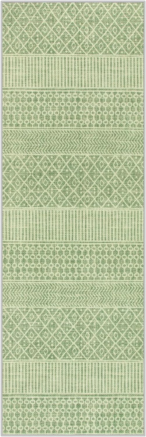 Lahome Farmhouse Washable 2x6 Kitchen Runner Rug, Non-Slip, Sage Green | Boho Textured Neutral, Low-Pile, Geometric Pattern, Modern, Moroccan, Entryway Hallway Runner Kitchen Bathroom Laundry Room