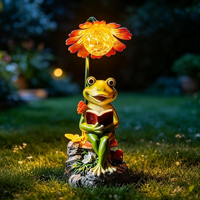 COWOS Solar-Powered Frog Garden Statue with Glowing Flower Light, Miniature Resin Figurine for Outdoor Patio, Yard, Lawn Decor