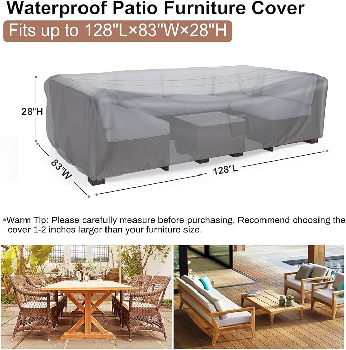 Mrrihand Heavy Duty Patio Furniture Covers, Outdoor Furniture Covers Waterproof Sectional Sofa Set, Patio Table and Chair Set Cover 128" L×83" W×28" H,Grey