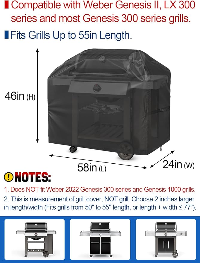 PAMASE 58in Grill BBQ Cover fits Weber Genesis II, LX 300 Series & Genesis 300 Series - Waterproof Gas Cover for Outdoor Grill, UV Fade & Rip Resistant, Compatible with Dyna-Glo, Nexgrill, Char-Broil
