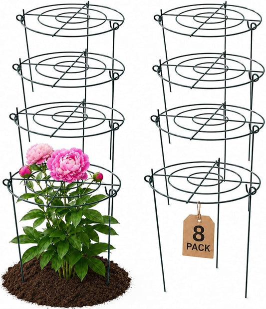Peony Cages and Supports, 8 Pack 12 in x 15.7 in Metal Grow-Through Plant Support Rings, 3-Leg Garden Stakes for Peonies, Roses, Hydrangeas, Dahlias & Tomato Plants