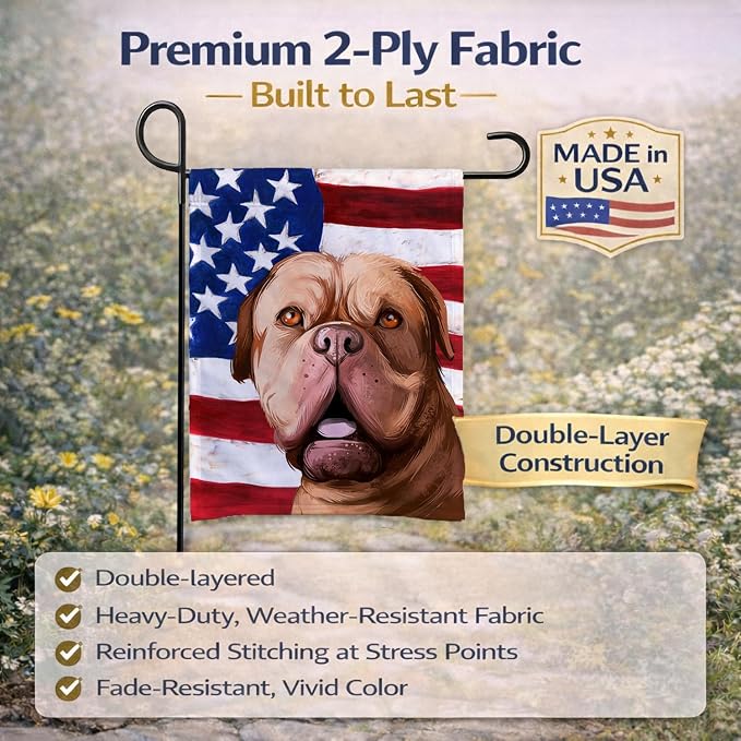Caroline's Treasures CK6505GF Dogue de Bordeaux Dog American Flag Garden Flag Mailbox Flag Decorative Yard Flag Banner Outside Patio Artwork Yard Flower Beds, Garden Size, Multicolor