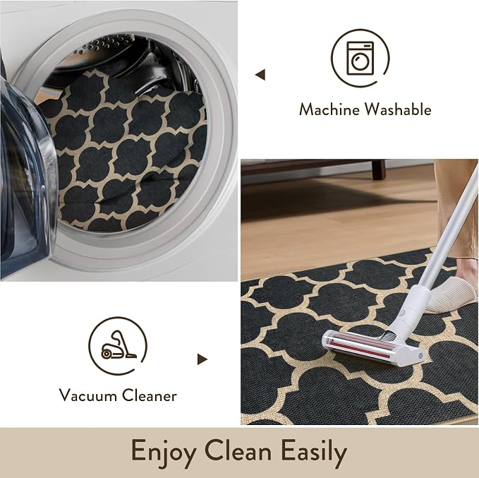 Lahome Moroccan 3x5 Outdoor Rug, Easy Jute Black Washable Rug for Entryway Front Porch, Geometric Trellis Woven Non Slip Door Mat for Entrance, Thin Non Shedding Farmhouse Throw Rugs for Balcony