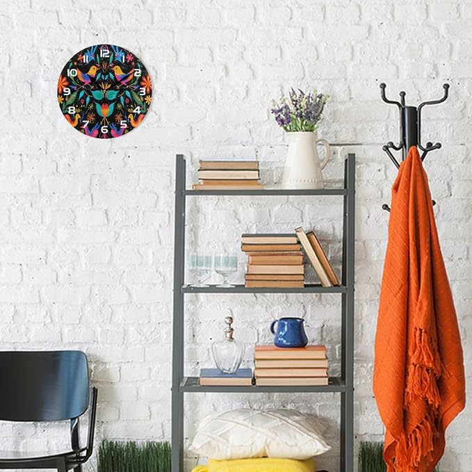 Mexican Flower Pattern Wall Clock, Silent Non Ticking 10 Inch Battery Operated Wall Clocks, Easy to Read Clock for Home Kitchen Living Room Bathroom Office Decor
