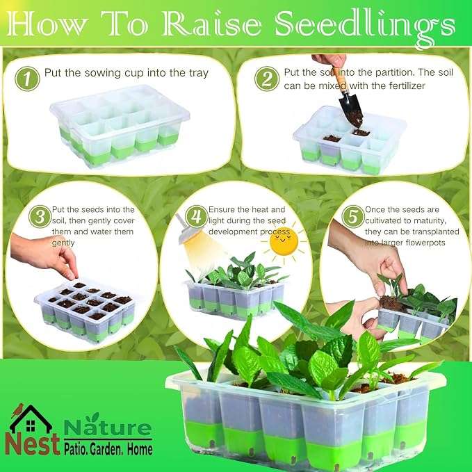 NestNature 5-Pack Seed Starter Tray Set|60-Cell Flexible Germination Trays | Reusable Seed Trays W/Humidity Dome & Lids For Plants, Flexible Pop-Out Design&Dishwasher Safe For Herbs,Vegetables,Flowers