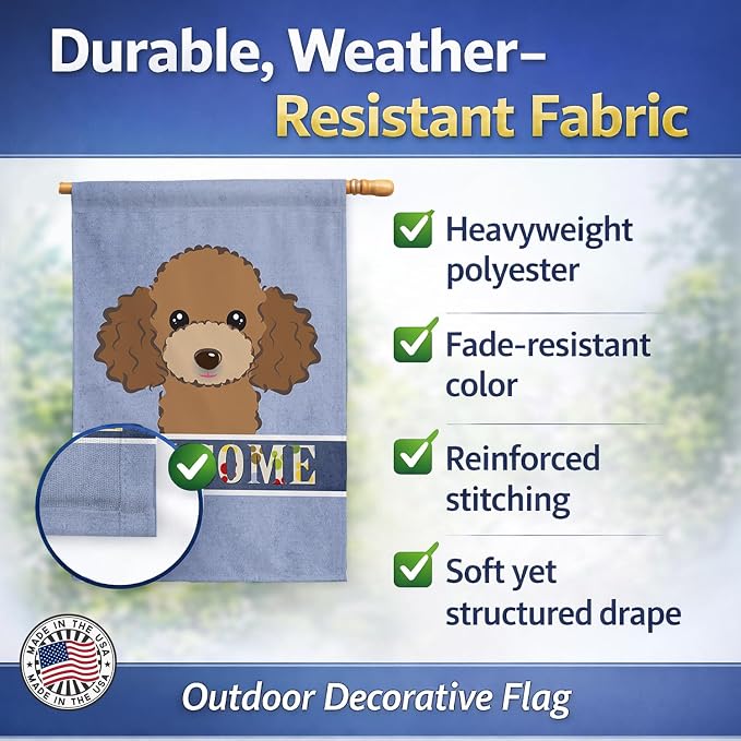Caroline's Treasures BB1442CHF Chocolate Brown Poodle Welcome House Flag, Blue Large Porch Sleeve Pole Decorative Outside Yard Banner Artwork Wall Hanging, Polyester, House Size, Multicolor