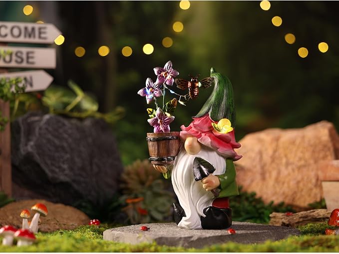 Outdoor Garden Gnomes Statues with Solar Lights Gnomes Gardening Birthday Gifts for Women Mom Grandma, Gnome Sculpture Figurine Outside Garden Decorations for Yard Patio Porch Lawn Backyard Decor