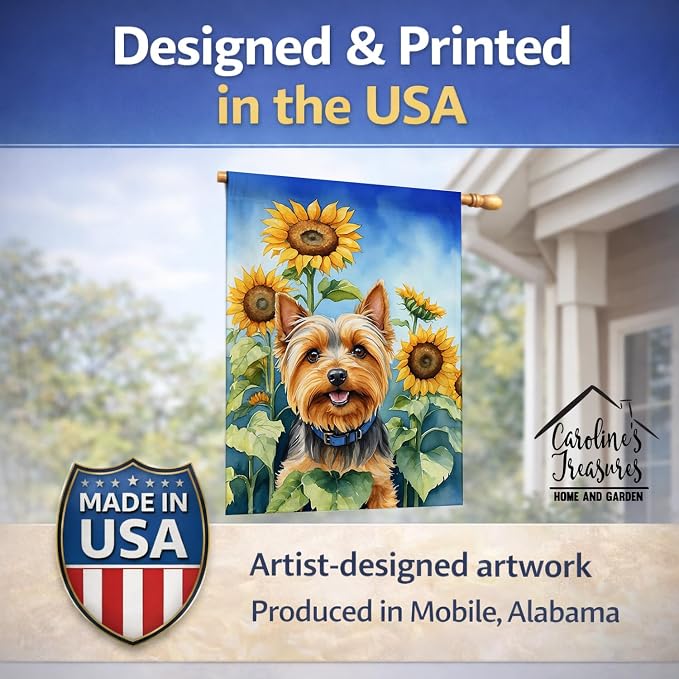Caroline's Treasures DAC6165CHF Silky Terrier in Sunflowers House Flag Large Porch Sleeve Pole Decorative Outside Yard Banner Artwork Wall Hanging, Polyester, House Size, Multicolor