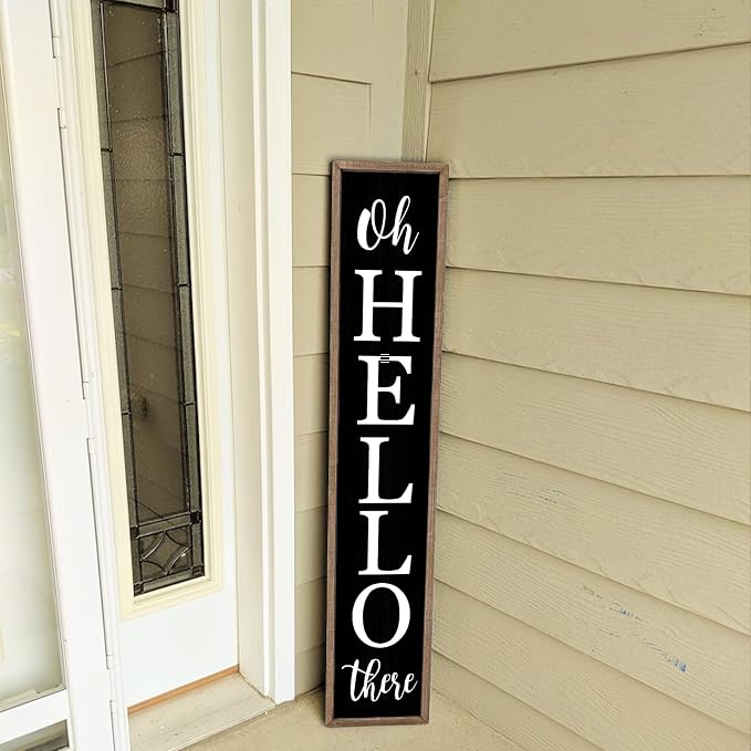 Oh Hello There Outdoor Welcome Sign For Front Porch Standing 45"X9" Large Rustic Farmhouse Vertical Tall Long Wooden Framed Outside Front Door Home Wall Decoration (Wood Black)