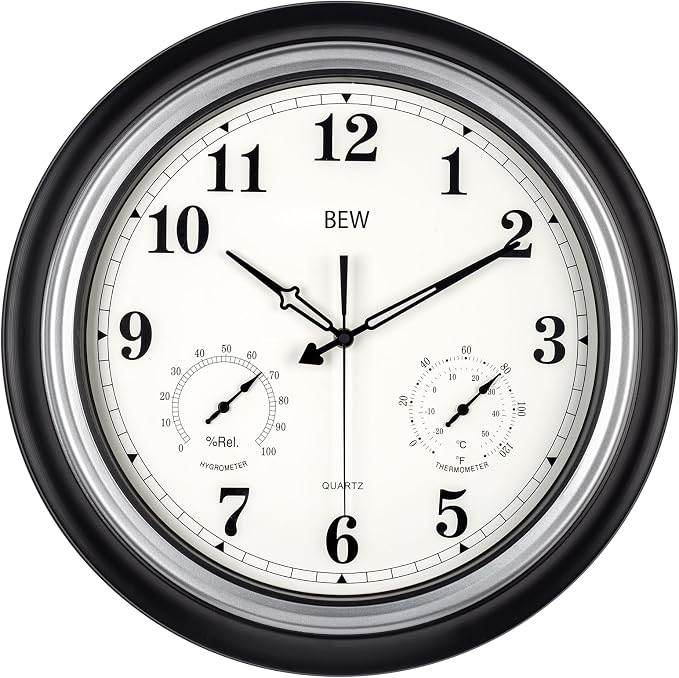 Outdoor Clock Waterproof, 18 Inch Large Outdoor Clocks Weatherproof with Thermometer & Hygrometer Combo, Easy-to-Read Outside Wall Clock for Patio, Garden, Poolside, Backyard-Black Silver