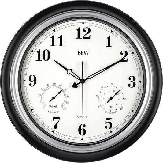 Outdoor Clock Waterproof, 18 Inch Large Outdoor Clocks Weatherproof with Thermometer & Hygrometer Combo, Easy-to-Read Outside Wall Clock for Patio, Garden, Poolside, Backyard-Black Silver