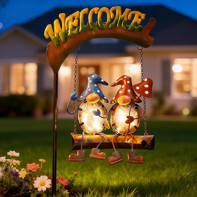 Gnomes Garden Decor Solar Lights, 48 Inch Welcome Sign Swing Yard Decorations Outdoor Decorative Stake for Lawn Porch Backyard Patio, Gnome Gardening Gifts for Women Mom