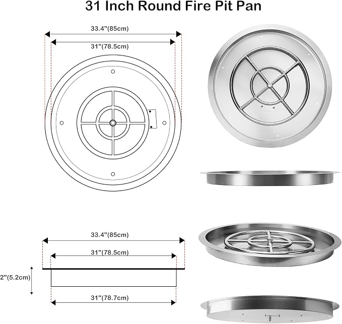 Stanbroil 31 Inch Drop-in Round Fire Pit with Spark Ignition Kit, Gas Firepit Insert for DIY Project, Propane Gas Version,304 Stainless Steel