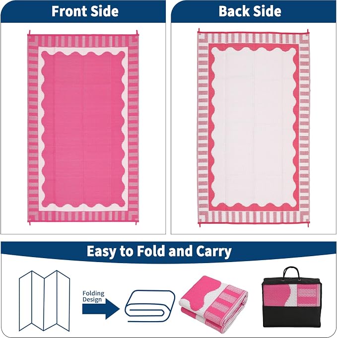 Garvee Scalloped RV Rugs for Outside 9x18 Patio Rugs Outdoor Waterproof, Modern Border UV Resistant Reversible Rug, Foldable Plastic Straw Carpet for Picnic, Backyard, Porch, Beach, Camper, Hot Pink