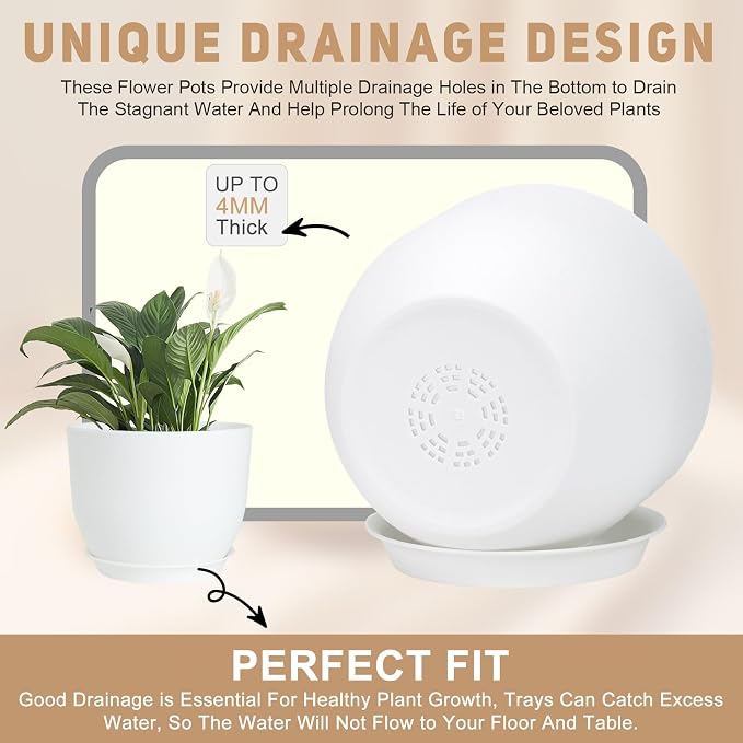 YNNICO Plant Pots 10/9/8/7.5/7 inch Flower Pots with Multi Mesh Drainage Holes, Planters for Indoor Outdoor Garden Plants and Flowers. (White)