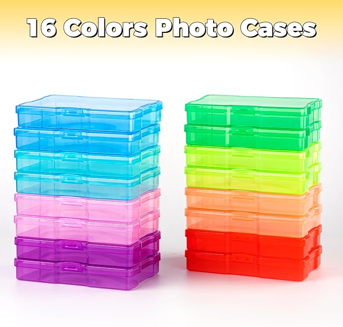 Plastic Clear Photo Storage Box Picture Storage Containers With Handle,16 inner 4×6 inch Photo Cases For Photos,Picture,Greeting Card,Stickers,Seed,Craft Supplies (Colorful)