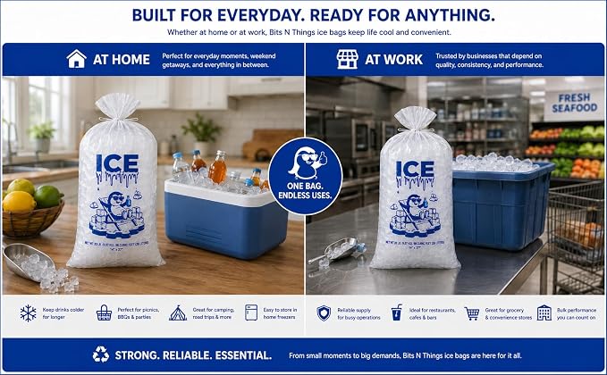 Ice Bag 8 lb 11" x 20" 500 Count | Twist Ties Included | Heavy Duty Storage Bags | Retail Sales, Parties, Camping & Food Cooling | LDPE Plastic Bags | Bits N Things