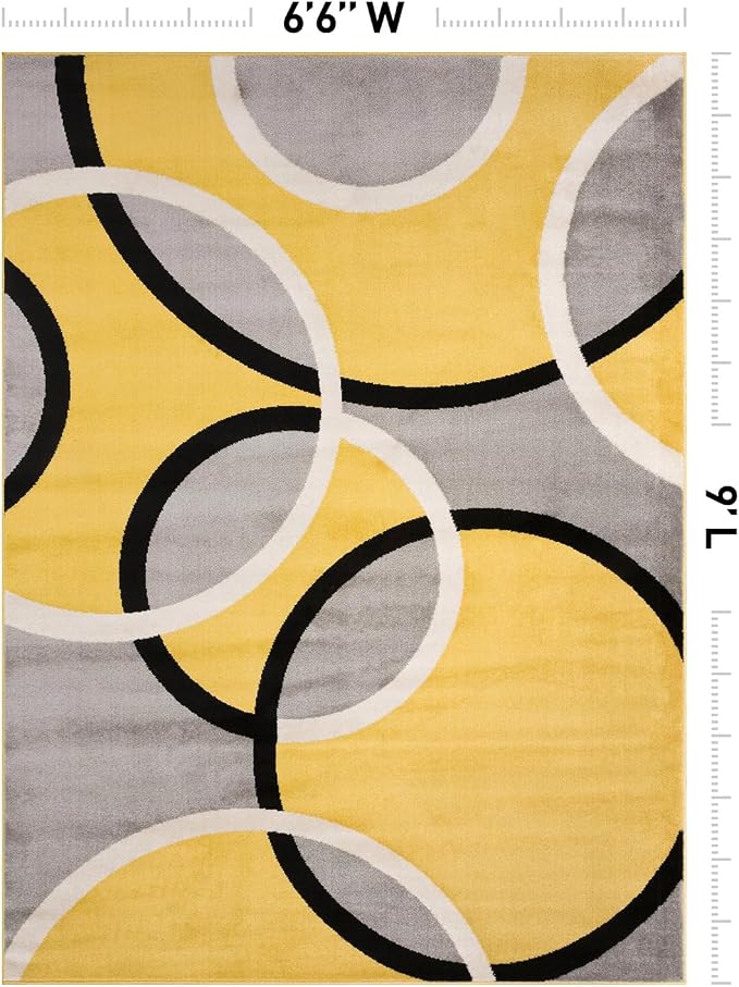 Rugshop Abstract Circles Contemporary Living Room Area Rug Yellow 6'6" x 9' | Non-Shedding, Rectangular, Size 6'6" x 9', Bedroom, Dining Room, Home Office, Kitchen, Entryway, Hallway, Nursery, Kids Room