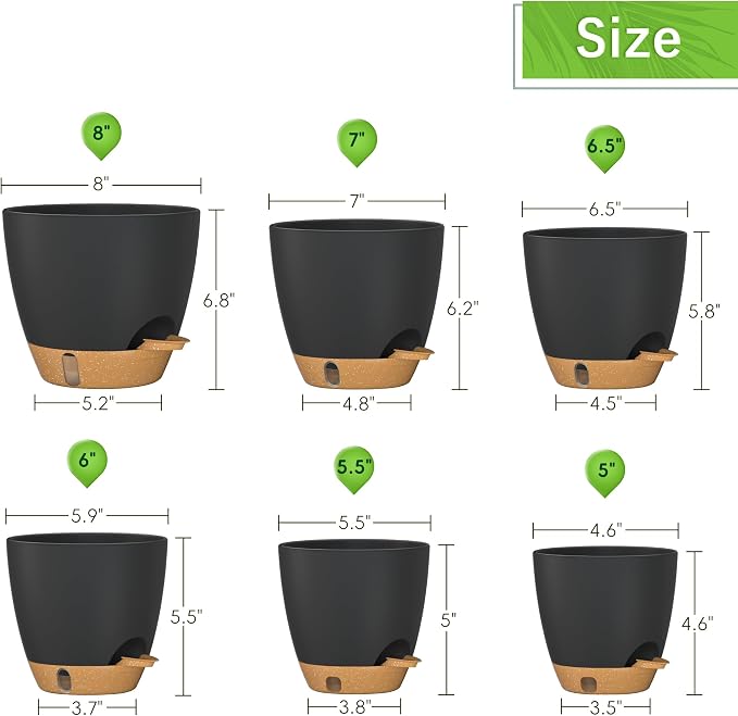 8/7/6.5/6/5.5/5 Inch Self Watering Pots for Indoor Outdoor Plants, Set of 6 Large Plastic Planters with Visual Water Window, Drainage Holes & Watering Lip, Modern Decorative Flower Pots (Black)