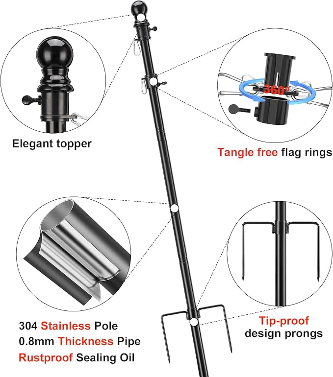 Heavy Duty Ground Flag Pole Kit - 8.5FT Tangle Free Inground Flagpole with Windproof Prong,Portable Flag Pole for Outside House,Yard,Garden,Outdoor - Black