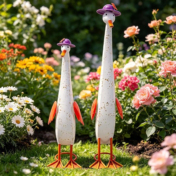 22" Duck Garden Statue Set of 2 Metal Ducks | Outdoor Yard Art Porch Animal Figurine Lawn Ornament Rustproof Yard Sculptures for Outside Patio Backyard Decorations