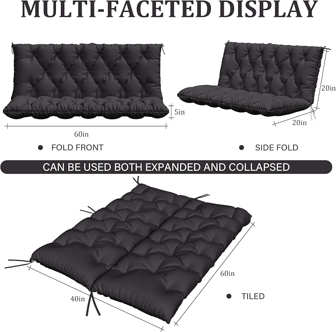 Porch Swing Cushion with Backrest,Waterproof Bench Cushion for Outdoor Furniture,2-3 Seater Replacement Thickened 5 in swing cushion,with Ties,Patio,Outdoor,Backyard and Garden (Grey,60x40 in)