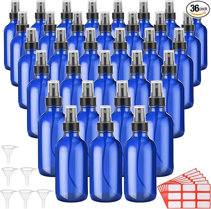 Fumete 36 Pcs Glass Spray Bottles 4oz Fine Mist Glass Spray Bottle Refillable Liquid Containers with 6 Labels 6 Funnel for Hair Travel Plants Cleaning Solutions Skin Care(Blue,Simple)