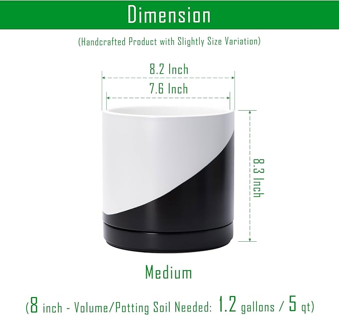 D'vine Dev 8.2 Inch Ceramic Planter Pot with Drainage Hole and Saucer, Indoor Cylinder Round Planter Pot, Oblique Monochrome Black and White, 94-O-D-K