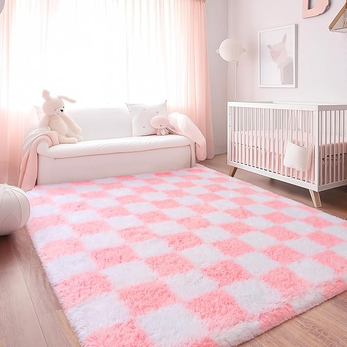 Checkered Rug 9x12 for Living Room, Ultra Fluffy Fuzzy Shag Large Area Rug for Bedroom, Modern Plush Soft Upgrade Non-Slip Carpet for Kids and Girls Room Dorm Home Decor, Pink and White