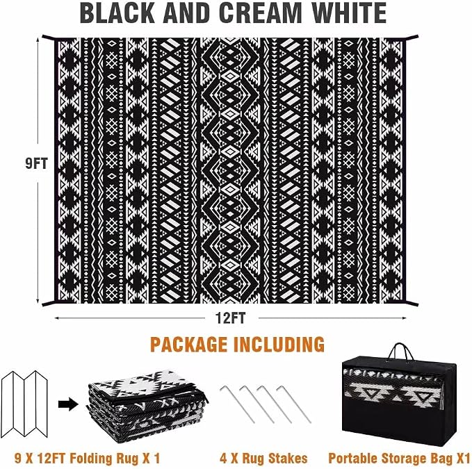 Pendolr Outdoor Rug 9’x12' for Patios Clearance Waterproof Carpet Large RV Mat Outdoor Plastic Straw Rug for Camping Reversible Outside Rug for Patio Balcony Deck Backyard Picnic Beach Black&White 02#
