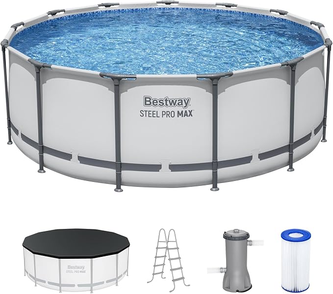 Bestway Steel Pro MAX 13' x 48" Above Ground Swimming Pool Set with Pump | Durable Round Metal Frame Outdoor Backyard Pool, Puncture-Resistant Liner - Ladder and Cover Included, Gray