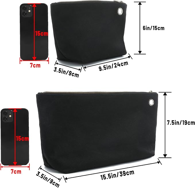 Multi-Purpose Tool Storage Bag - 16oz Waxed Canvas Item Collection Pouch for Men Women, Portable Tools Organizer Pouches with Zipper | 1 Large & 1 Small | For Coins Pliers Nuts - Black