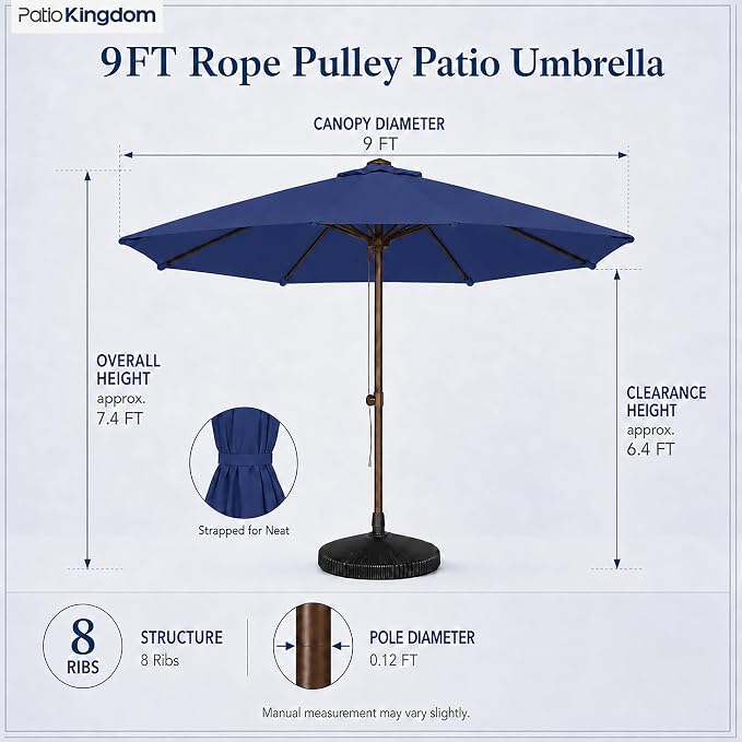 9FT Patio Umbrella, Outdoor Table Umbrella with Rope Pulley Lift, 3 Adjustable Heights, Market Umbrellas for Backyard, Pool and Deck, UPF50+