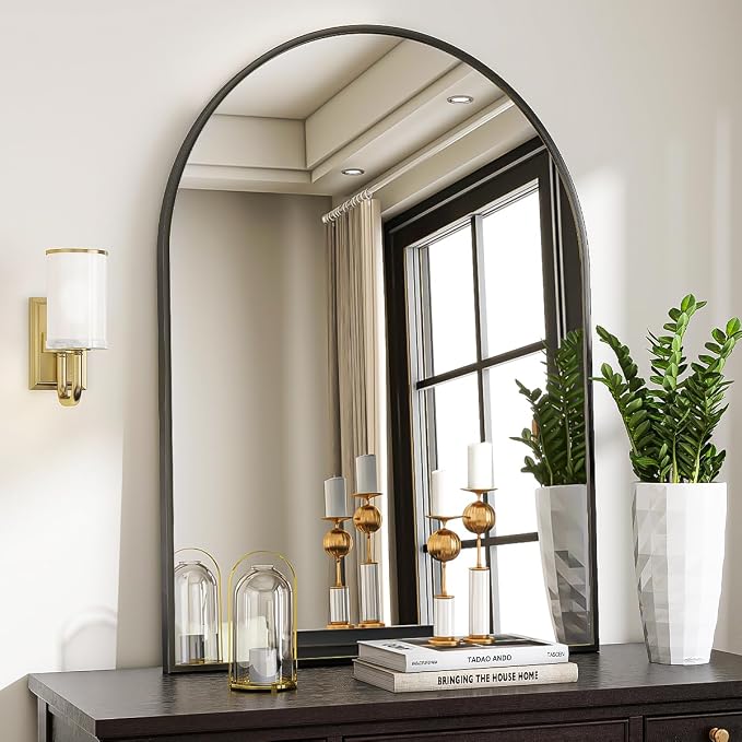 Large Arched Wall Mirror, 30 x 48 inch Arch Bathroom Mirror Black | Wall Mounted Bathroom Vanity Mirror with Arch Metal Frame, Modern Room Decor for Bedroom, Entryway, Hanging or Leaning