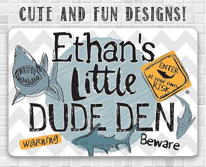 Personalized - Little Dude Den - Customized Boy's Room Decor, Shark Warning Signs for Kids Bedroom and Playroom, Great Baby Shower and Birthday Gifts, 12x18 Indoor or Outdoor Durable Metal Sign