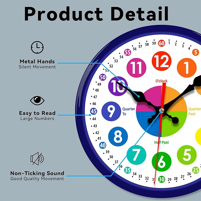 Wall Clocks Battery Operated, Telling Time Teaching Silent Non Ticking Decorative Indoor Outdoor Wall Clocks for Living Room Kitchen Bedroom Bathroom 12"