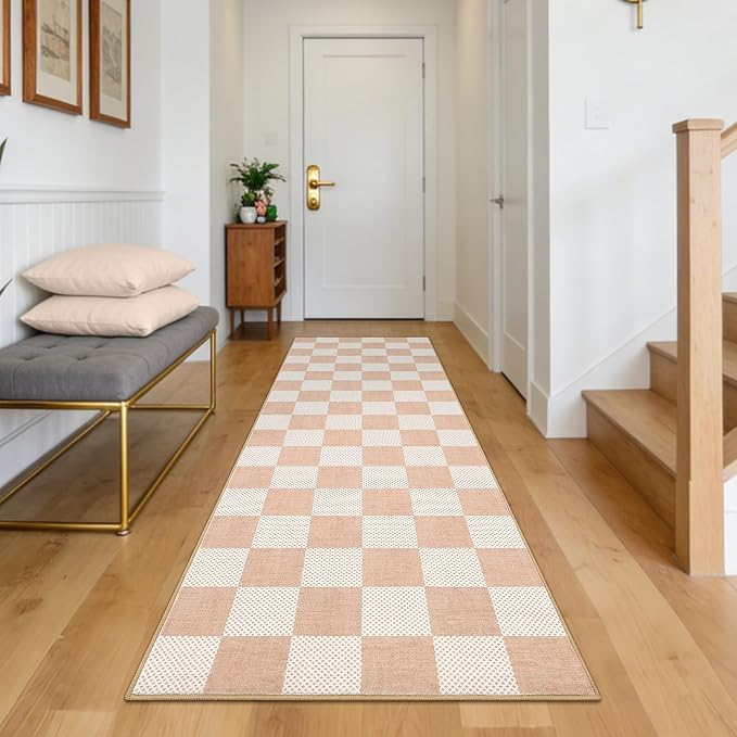 GarveeHome Checkered Blush Beige 2x6 Washable Low-Pile Kitchen Runner Rug | Non-Slip Blush Beige Stain Resistant Rug for Kitchen Hallway Entryway Bedroom Bathroom Geometric Modern Rug TPE Backing