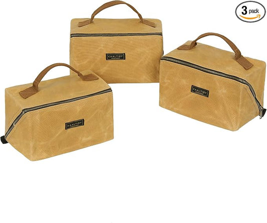 Heavy Duty Tool Storage Organizer, Tool Pouch with Metal Zipper + Handle, 16 OZ Waxed Canvas Tool Bag | 3-Pack | 9.5"L x 5.5"W x 5.5"H (Closed) - Khaki